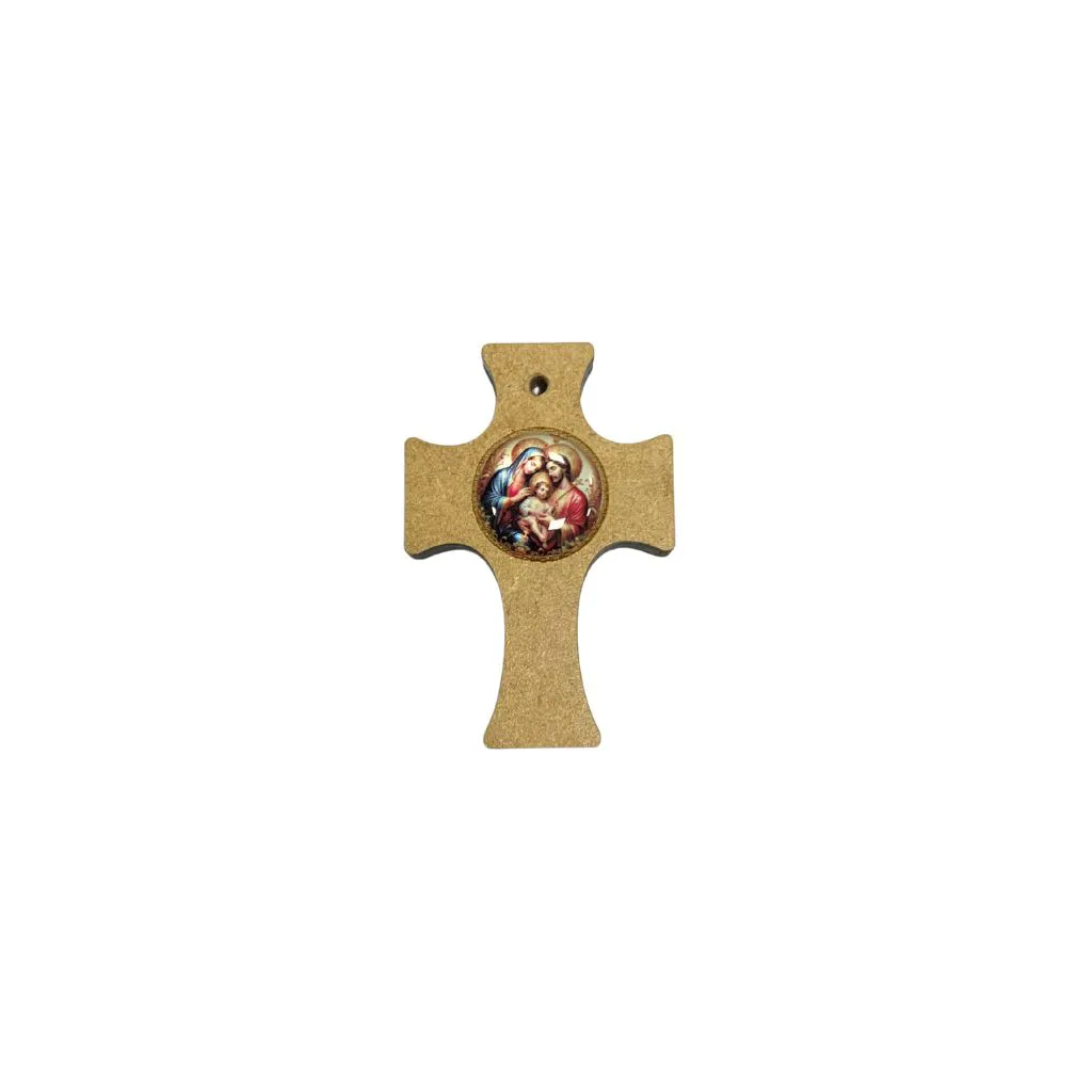 Pingente Crucifixo de Madeira Sagrada Família 44x29mm Resinado para Terço 1 unidade